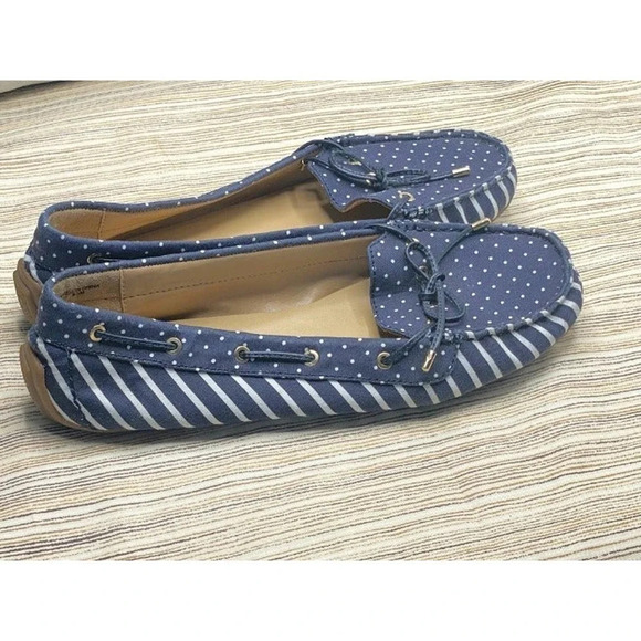 Talbots Moccasins Stripe Dots Walking Casual Slip-Ons Blue/White US Size 9.5 - Picture 2 of 6